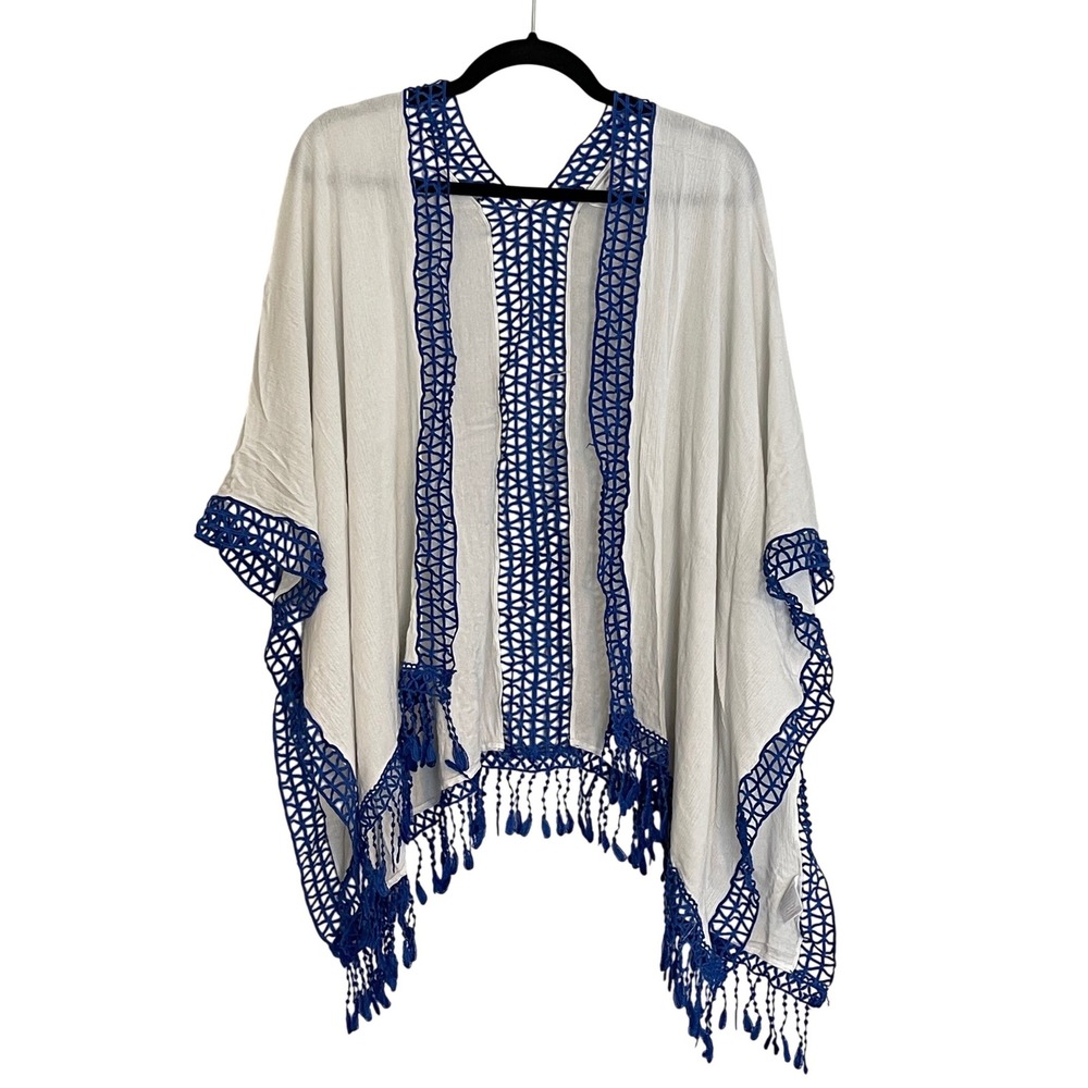 Entro White Royal Blue Crochet Trim Tassel Fringe Kimono Wrap Coverup Small